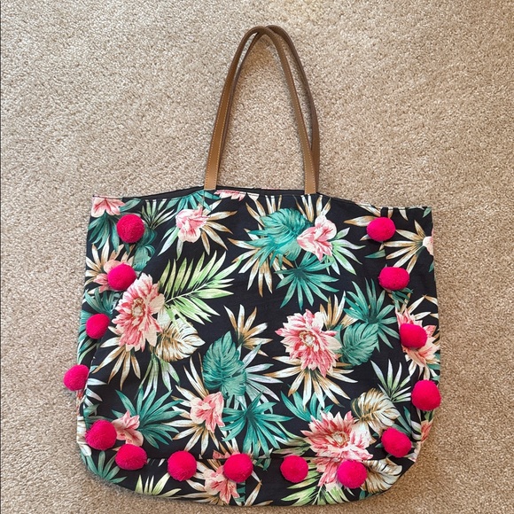 Handbags - Ble resort collection designs in Greece floral Pom Pom tote beach bag blue pink